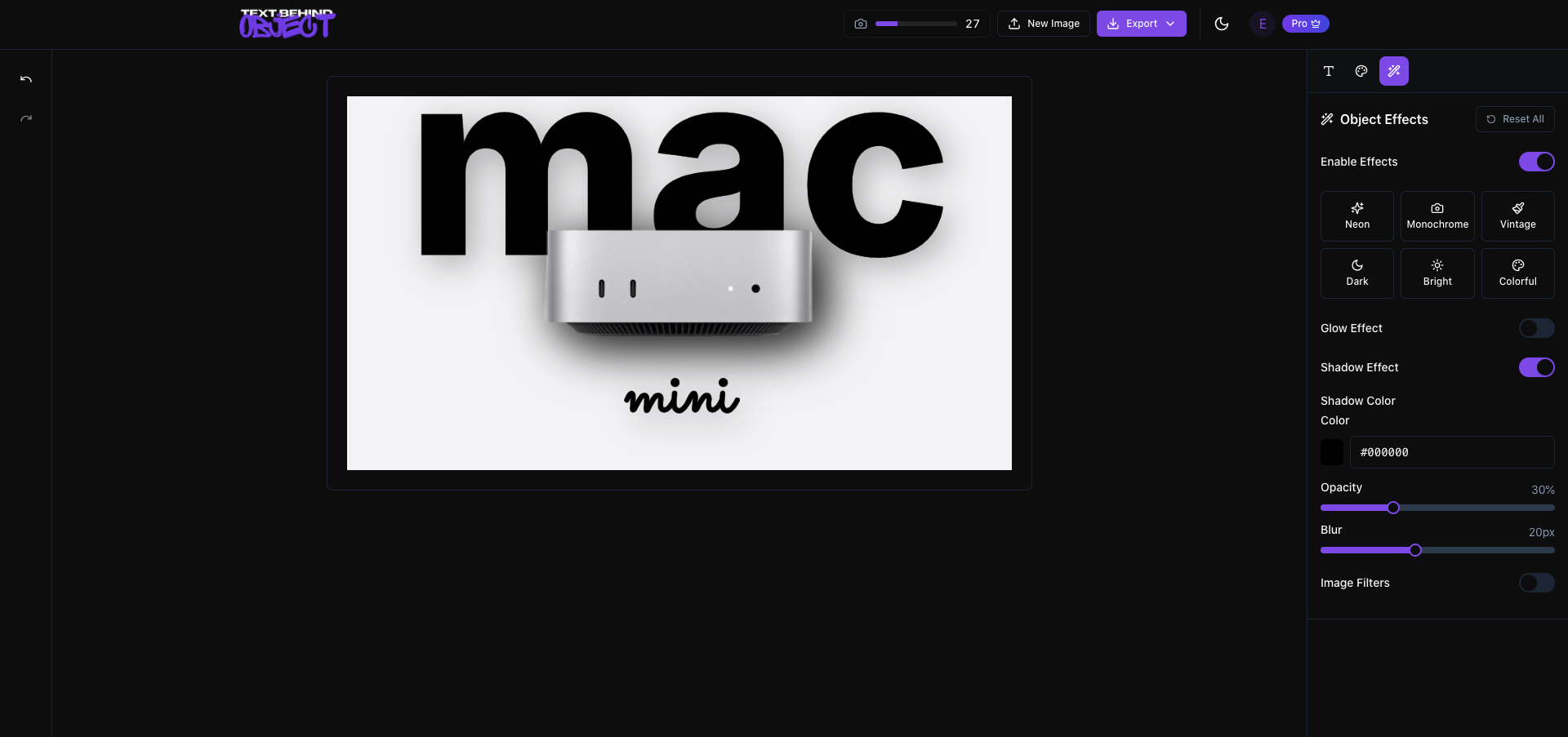 TextBehind app interface in dark mode showing AI-powered text placement behind objects