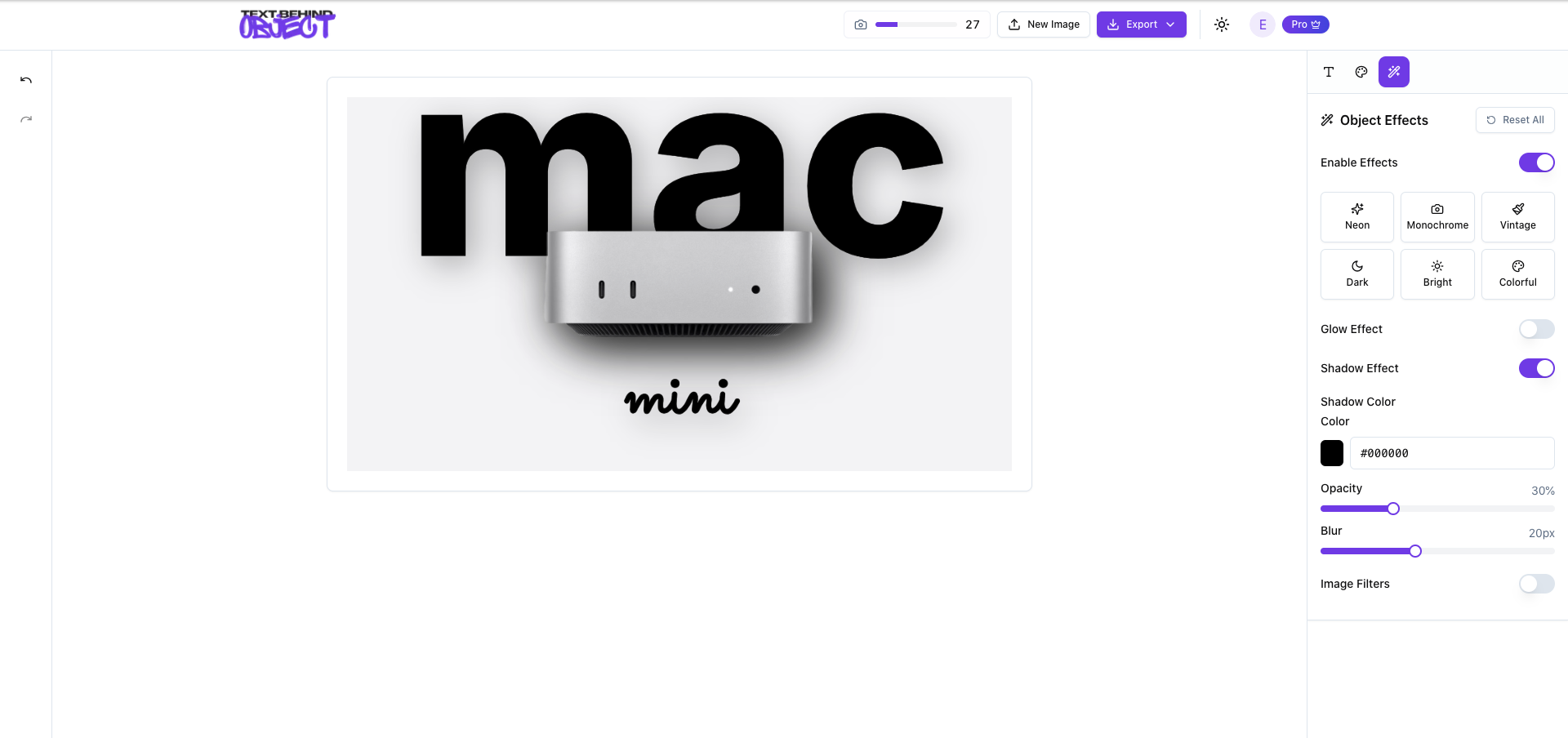 TextBehind app interface showing text placed behind objects in an image using AI